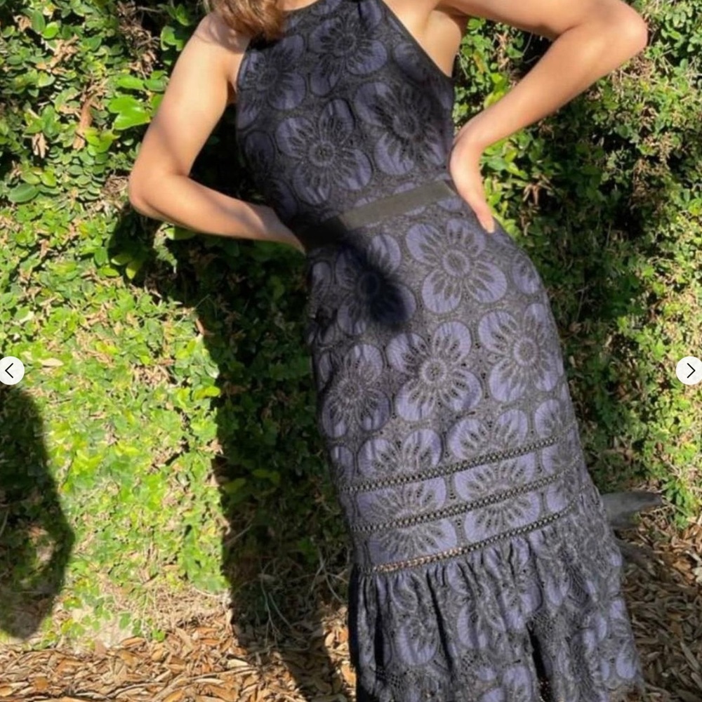 NWT Banana Republic Dress Midi Lace Blue Black Tiered Ruffle Cocktail Dress 4